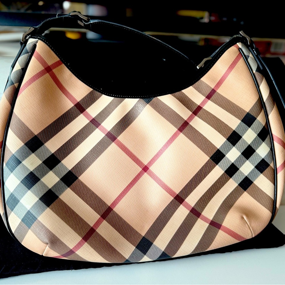 Burberry Beige and Black Plaid Hobo Bag